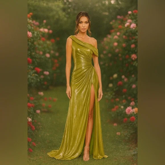 Mac Duggal One Shoulder Shimmering Olive Dress - Picture 1 of 9